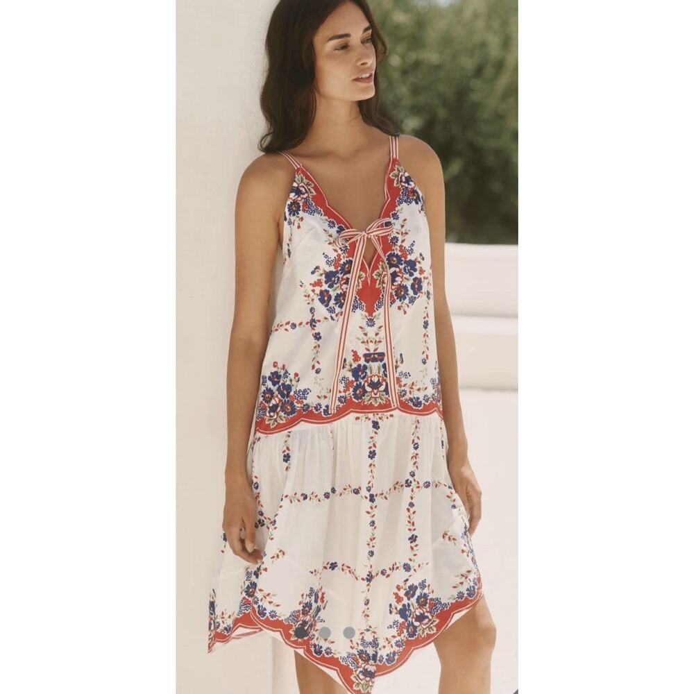CELANDINE Drop Waist Cotton Dress Fairy Hem Vintage Tablecloth Anthro Medium NEW